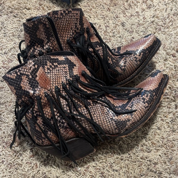 Tony Lama Shoes - Tony Lama Fringe Snake-Print Ankle Boots - Brown